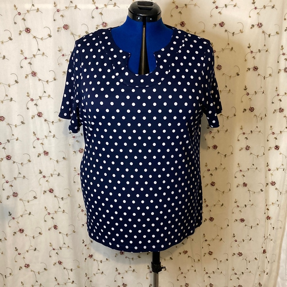 KIM ROGERS navy blue polka dot T-shirt 1X nwot